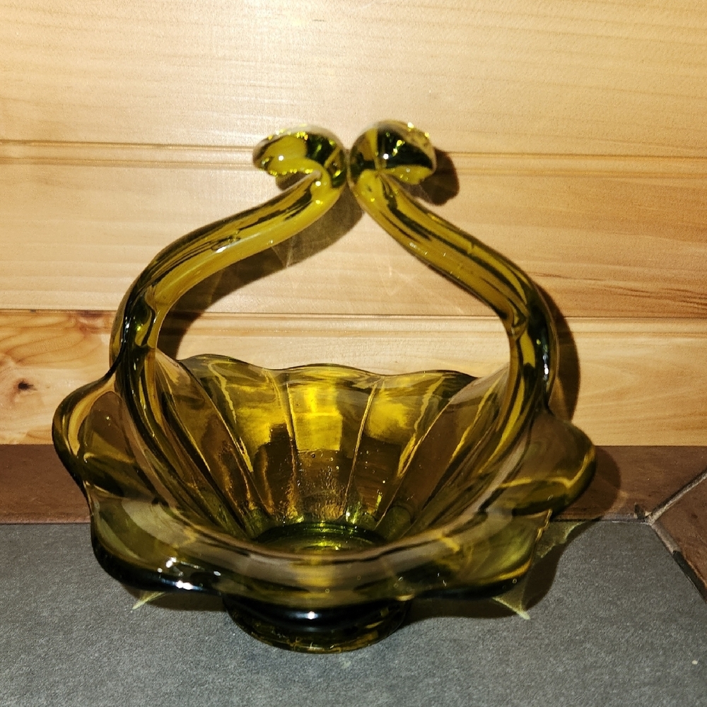 Organic Green Glass Art Bowl with Curved Handles